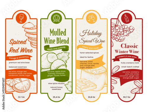 Labels for different types of mulled and spiced wines showcasing ingredients and flavor profiles