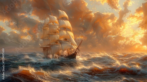 A majestic sailing ship braves a dramatic sunset ocean.