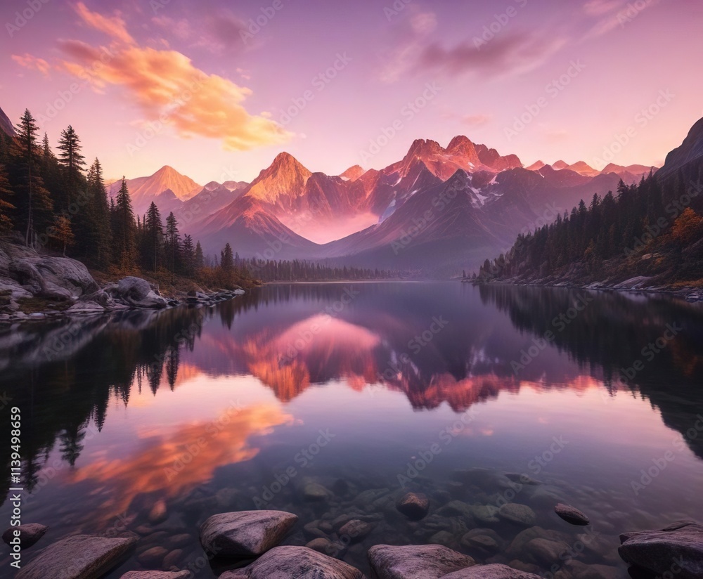 Serene lake waters reflect vibrant hues of orange and pink sunset sky with majestic mountains in the background, serenity, lakes Serene lake waters reflect vibrant hues of orange and pink sunset sky with majestic mountains in the background, serenity, lakes