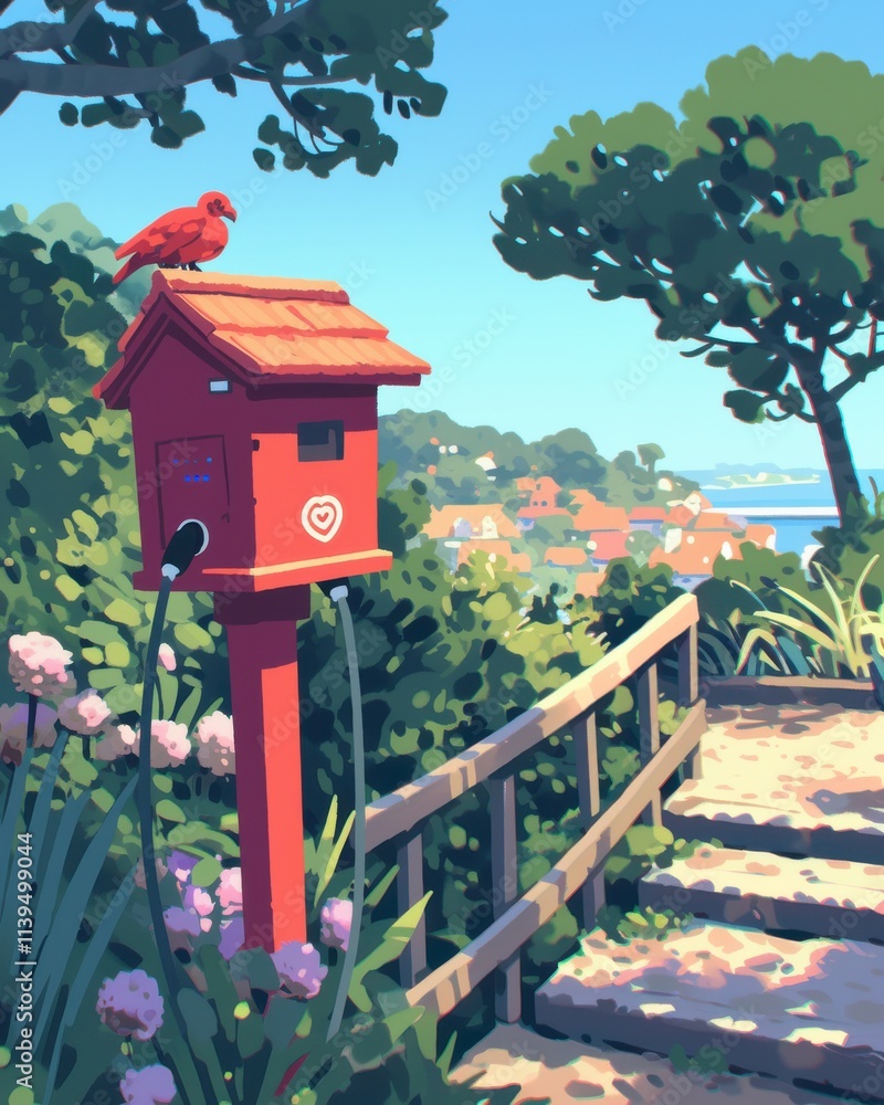 A vibrant red mailbox with a bird perched on top, surrounded by lush greenery and flowers, creating a serene countryside scene. A vibrant red mailbox with a bird perched on top, surrounded by lush greenery and flowers, creating a serene countryside scene.