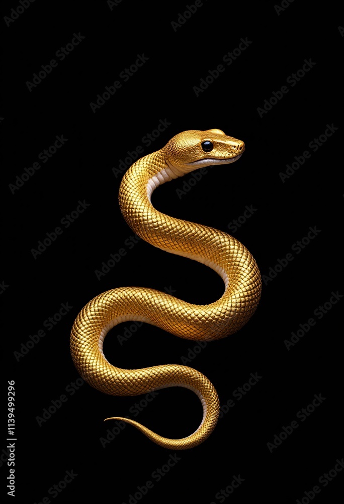 Golden Snake in Elegant Pose Against Black Background, Showcasing Shimmering Gold Leaf Patterns and Regal Beauty Golden Snake in Elegant Pose Against Black Background, Showcasing Shimmering Gold Leaf Patterns and Regal Beauty