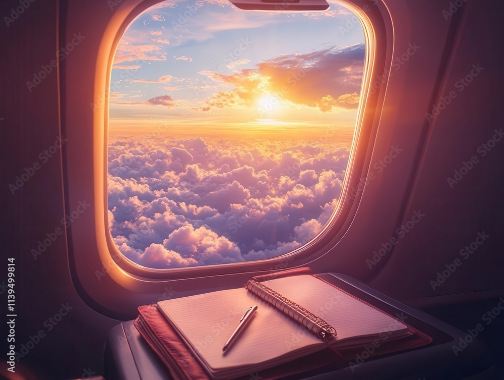 A serene airplane window view with clouds glowing under the sun, a journal and pen resting on the tray table A serene airplane window view with clouds glowing under the sun, a journal and pen resting on the tray table