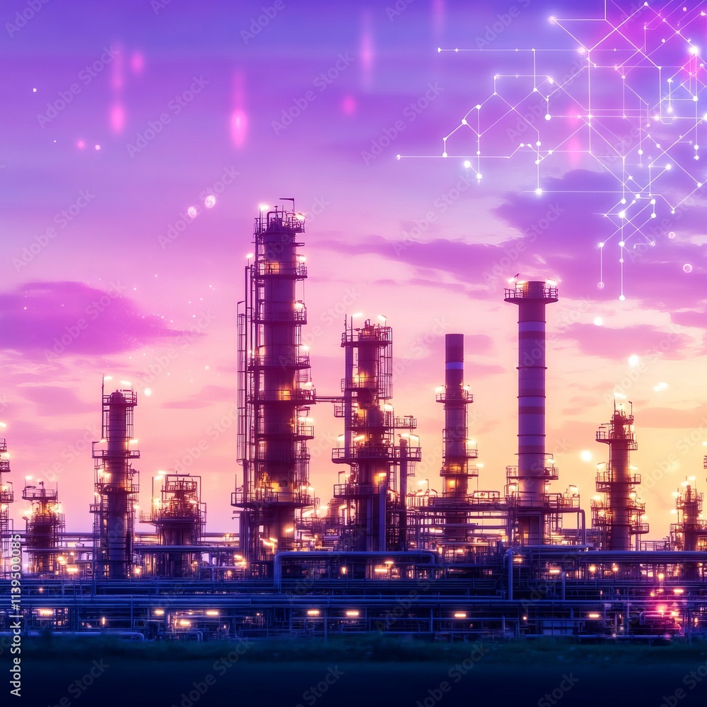 Fototapeta premium Industrial Refinery at Sunset with Digital Overlay