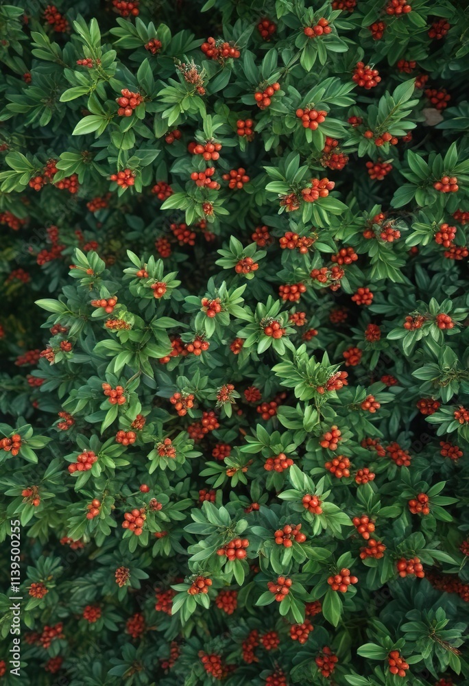 Fototapeta premium Overhead view of a lush green bush with ripe wolfberries, landscape, nature