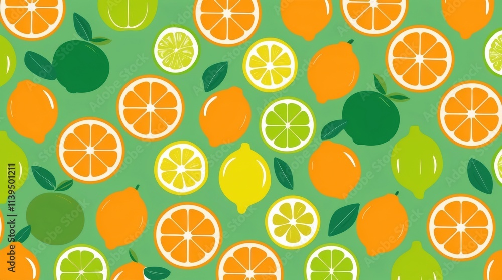 Vibrant citrus fruits pattern freshness and flavor digital illustration bright green background top view graphic design Vibrant citrus fruits pattern freshness and flavor digital illustration bright green background top view graphic design