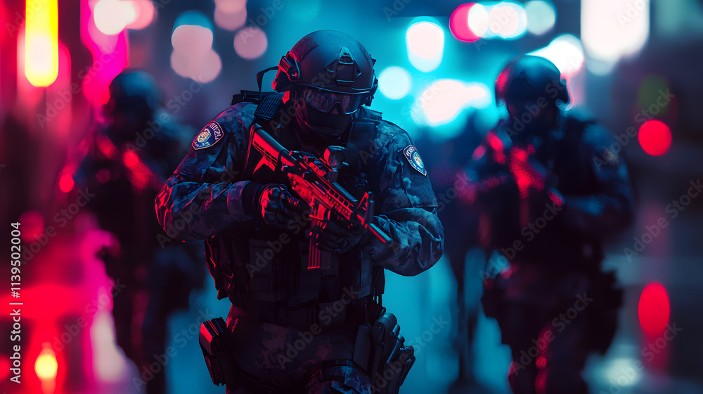 A photograph of three soldiers in tactical gear, one in focus, with vibrant blue and red lights in the background. A photograph of three soldiers in tactical gear, one in focus, with vibrant blue and red lights in the background.