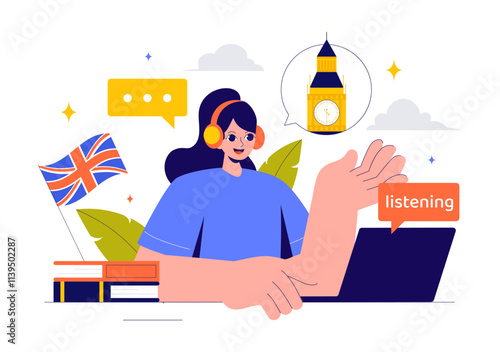 English Language Vector Illustration featuring Students Studying Foreign Languages, Global Communication, and Elementary Grammar Lessons Background
