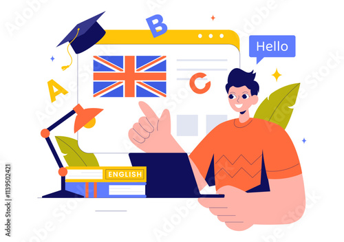 English Language Vector Illustration featuring Students Studying Foreign Languages, Global Communication, and Elementary Grammar Lessons Background