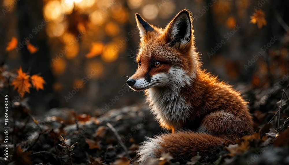 Fototapeta premium Red Fox in Autumnal Forest: A majestic red fox sits amidst a vibrant forest, bathed in the golden light of the setting sun. The fox's keen gaze and sleek fur are illuminated by the warm.