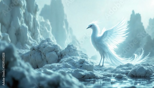 Mystical White Bird in Snowy Landscape: A majestic white bird with outstretched wings, standing on a snow-covered rocky terrain against a backdrop of ethereal blue mountains. photo