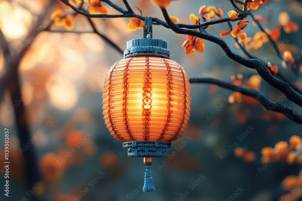 Fototapeta premium A glowing lantern hangs from a branch, surrounded by autumn foliage, creating a warm ambiance.