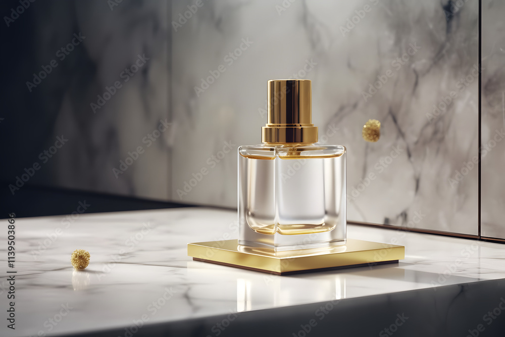 A gold-capped, rectangular perfume bottle, light-gray liquid inside. Small, white spheres and smoke are near it. A gold-capped, rectangular perfume bottle, light-gray liquid inside. Small, white spheres and smoke are near it.