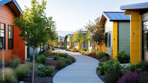 An affordable prefabricated housing community with modern design and sustainable living options for families.