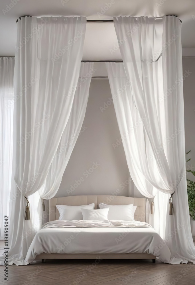 Elegant canopy bed with flowing white curtains , bedding, luxurious Elegant canopy bed with flowing white curtains , bedding, luxurious
