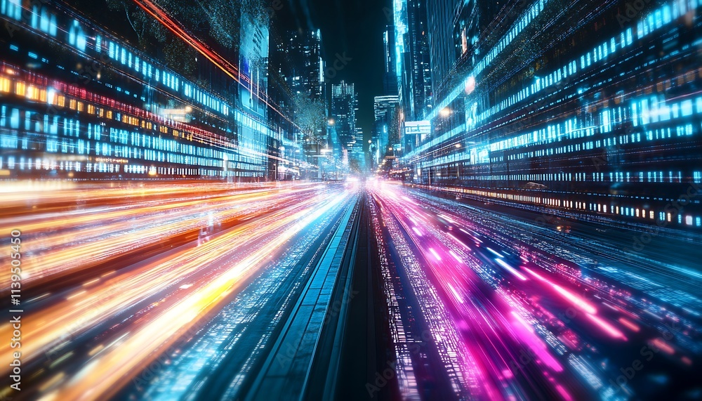Futuristic City Streets with Neon Lights and Speed Trails in a Digital World Futuristic City Streets with Neon Lights and Speed Trails in a Digital World