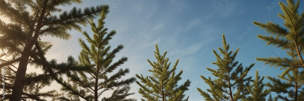 Darkening blue sky with green spruce branches in warm golden light, evergreen, Darkening blue sky with green spruce branches in warm golden light, evergreen,