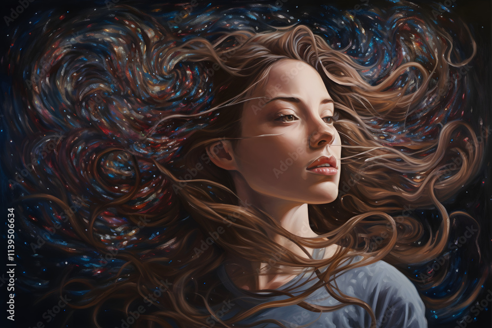Fototapeta premium A portrait of a woman with flowing hair surrounded by swirling orange and blue hues, similar to a starry night sky. 