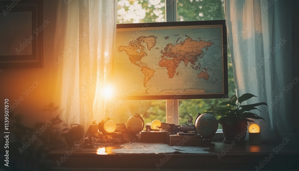 A serene living room where a traveler arranges glowing souvenirs on a world map, sunlight streaming through the curtains A serene living room where a traveler arranges glowing souvenirs on a world map, sunlight streaming through the curtains