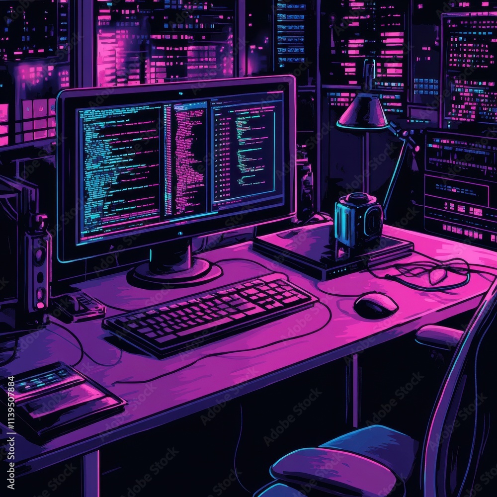 A glowing workstation featuring a desktop computer with vibrant code, set in a neon-lit urban environment at night. A glowing workstation featuring a desktop computer with vibrant code, set in a neon-lit urban environment at night.