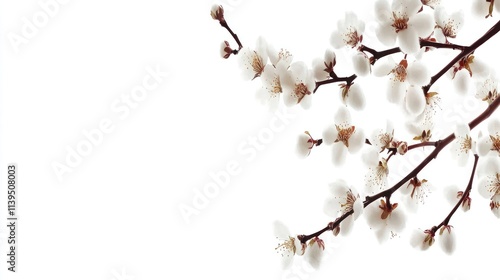 White blossoms on a branch against white background.