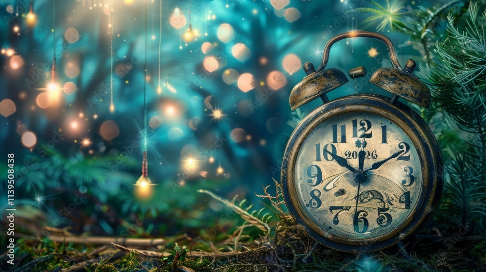 A magical New Year scene featuring an antique clock showing midnight, glowing lights, sparkling bokeh effects, and evergreen branches. A festive and atmospheric celebration for 2026. Generative AI A magical New Year scene featuring an antique clock showing midnight, glowing lights, sparkling bokeh effects, and evergreen branches. A festive and atmospheric celebration for 2026. Generative AI