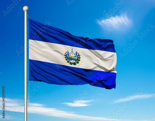 El Salvador flag waving in the wind against a blue sky background photo