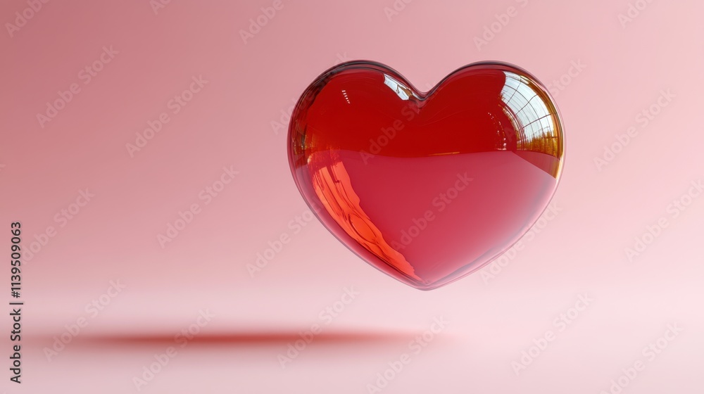 Glossy Red Heart Floating on Plain Background Glossy Red Heart Floating on Plain Background