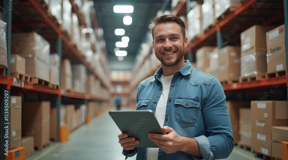 A good - looking warehouse worker holding a tablet in his hand, in the background a large goods storage warehouse A good - looking warehouse worker holding a tablet in his hand, in the background a large goods storage warehouse