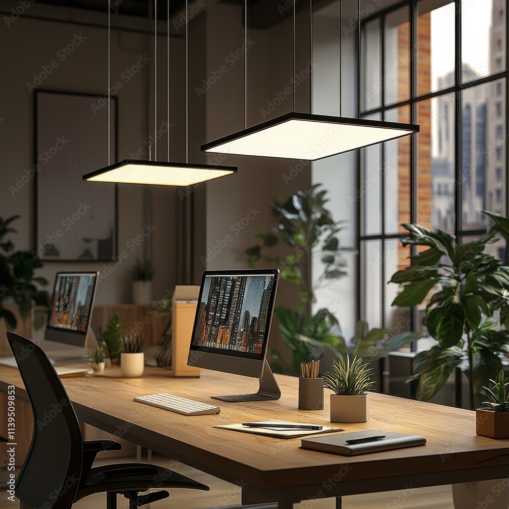 Fototapeta premium Modern office workspace featuring sleek decor with plants, bright lighting, and dual monitors displaying city views.