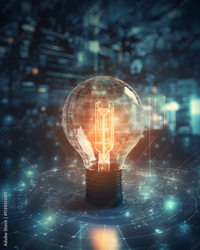 Obraz premium A glowing light bulb with a wireframe effect, sits above a network-like design on the background of a content creation website, indicating successful submission.