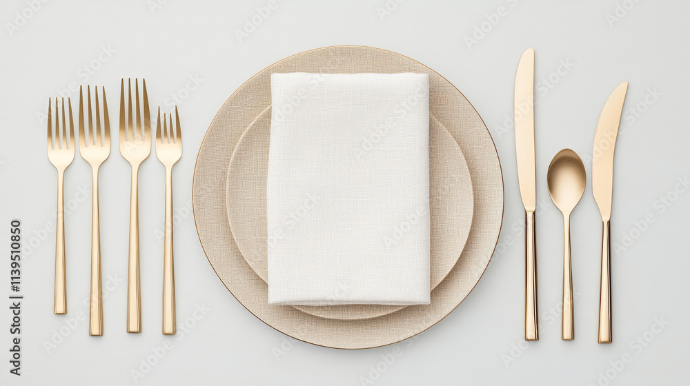 Elegant table setting featuring gold cutlery, plates, and white napkin, perfect for sophisticated dining experience