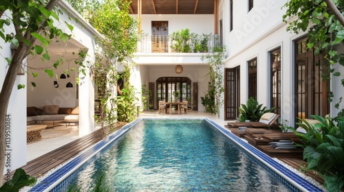 Wallpaper Mural A serene courtyard featuring a pool surrounded by greenery and a cozy seating area. Torontodigital.ca