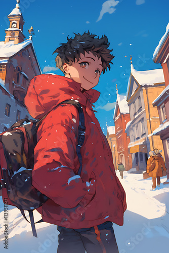 A cheerful young person in a red jacket smiles in a snowy town, evoking a sense of joy.