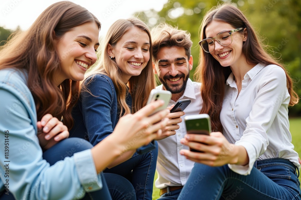 Happy Friends Sharing Smartphones in Park: Perfect for Social Media, Marketing, and Teamwork Concepts