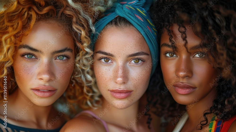 Close-up portrait of three diverse young women with different hairstyles and skin tones. Close-up portrait of three diverse young women with different hairstyles and skin tones.