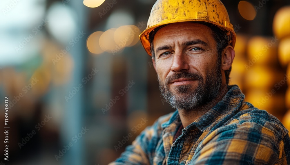 Skilled construction worker stands proudly at a busy worksite, showcasing expertise Skilled construction worker stands proudly at a busy worksite, showcasing expertise