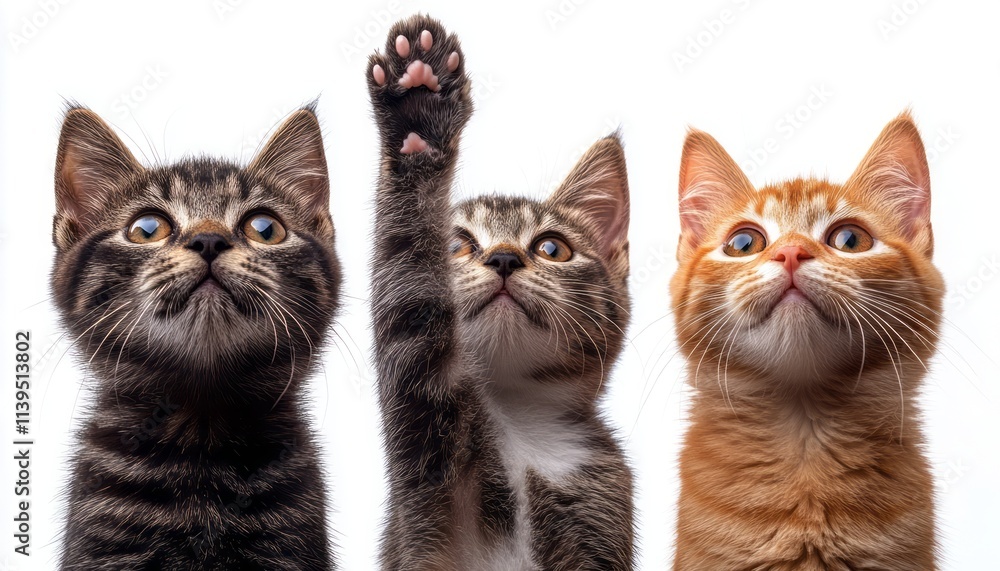 Three kittens of various colors look up curiously, showcasing their playful nature Three kittens of various colors look up curiously, showcasing their playful nature