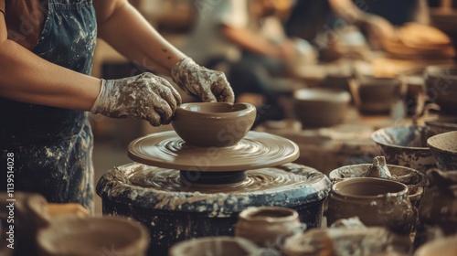 An artistic pottery class in a rustic ceramics studio with potters shaping clay into unique forms, Pottery wheels spinning with clay, Artisanal pottery style photo