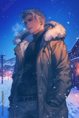 A young man in a winter coat stands in a snowy landscape at dusk, exuding a cool demeanor.