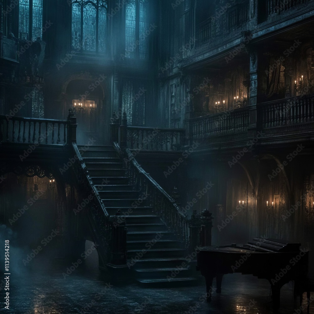 Obraz premium Mysterious Grand Staircase in a Foggy Old Mansion