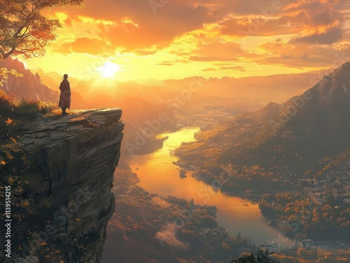 Wallpaper Mural A traveler perched on a cliff edge, capturing glowing golden hour light across a distant lake Torontodigital.ca