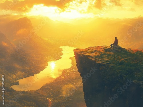 Wallpaper Mural A traveler perched on a cliff edge, capturing glowing golden hour light across a distant lake Torontodigital.ca
