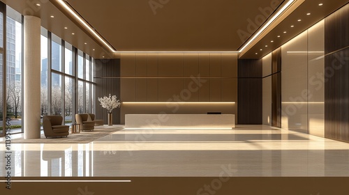 Modern lobby with large windows, minimal design, and warm lighting photo