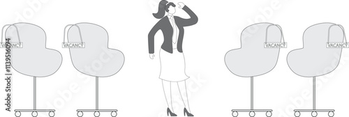 businesswoman standing in the middle of four vacant office chairs thinking about, new job opportunities or promotion opportunities, employment and recruitment, career development, the concept of recru