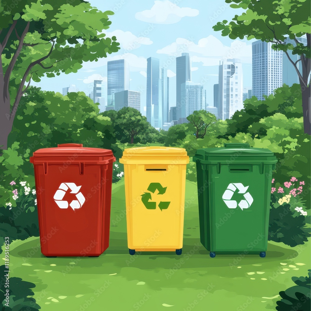Three colorful recycling bins in a lush green park, promoting environmental awareness and sustainability. Three colorful recycling bins in a lush green park, promoting environmental awareness and sustainability.