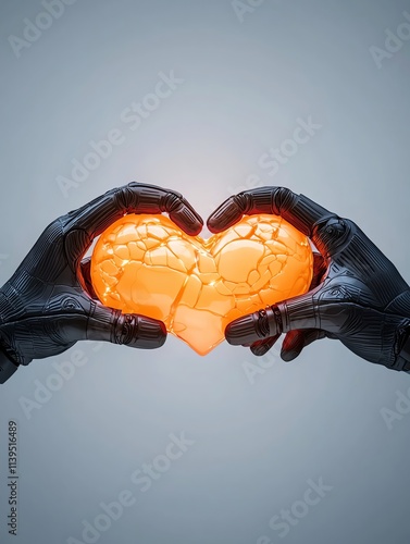 A futuristic couple sharing a quantumentangled chocolate heart, each half glowing as they touch photo