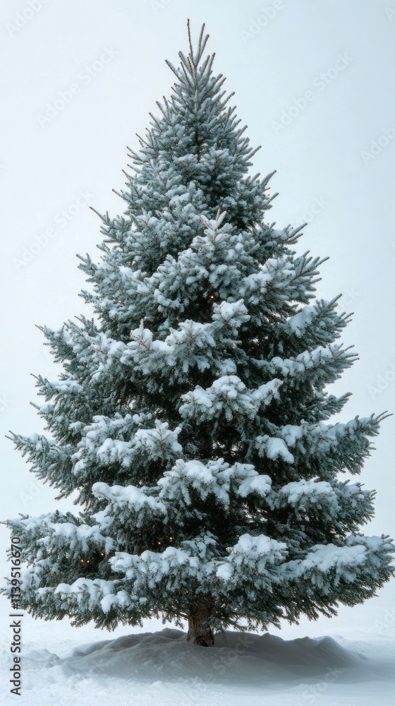 Obraz premium A lush evergreen tree covered with fresh snow in a serene winter setting