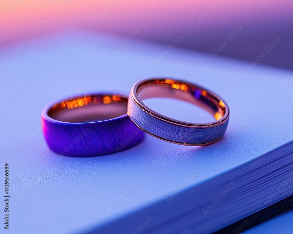 Two elegant wedding rings displayed on a surface, showcasing a mix of colors and textures, symbolizing love and commitment. Two elegant wedding rings displayed on a surface, showcasing a mix of colors and textures, symbolizing love and commitment.