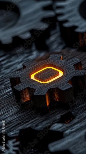 A close-up of a glowing gear on a dark wooden surface, symbolizing technology, innovation, and mechanical processes.