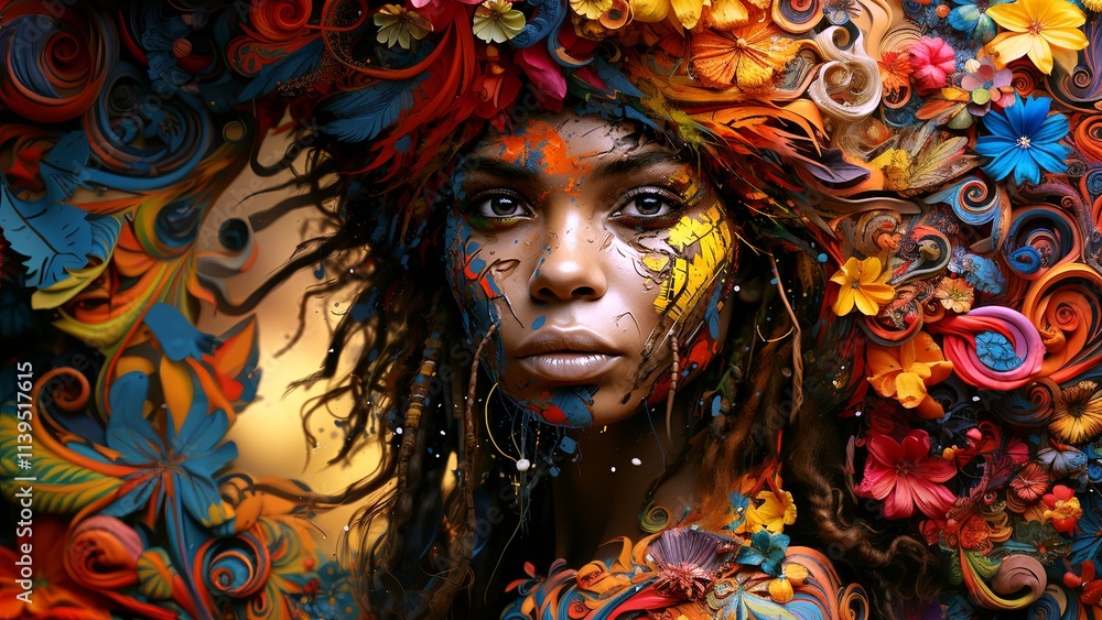 Carnival entertainer from Notting Hill. Close-up of a young woman's face. Generate AI. Carnival entertainer from Notting Hill. Close-up of a young woman's face. Generate AI.